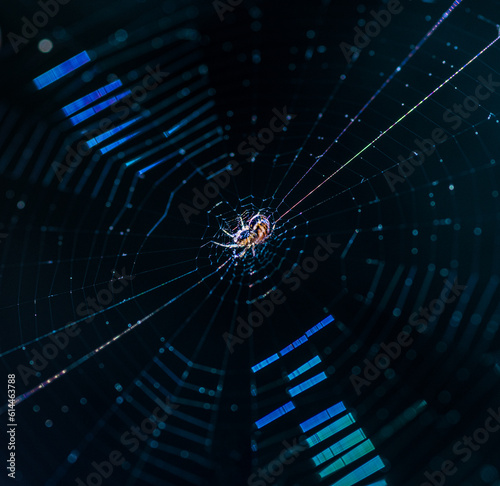straszny pająk w sieci na czarnym tle z błękitną poświatą