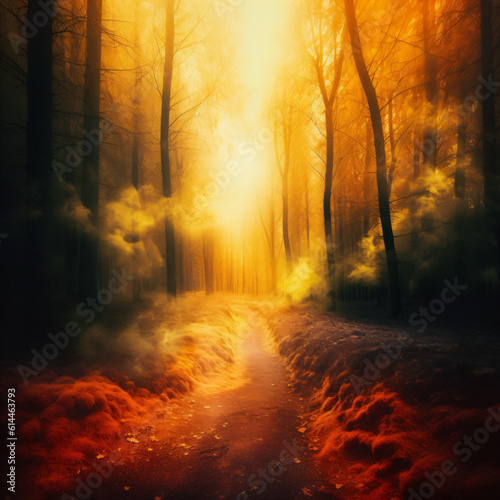 A path through an orange forest with a bright orange light coming through the trees Generative Ai