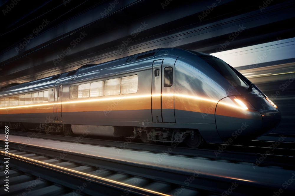 A silver train traveling through a train station Generative Ai A silver train traveling through a train station Generative Ai