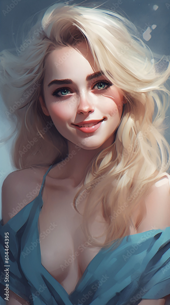 A digital painting portrait of a woman with blonde platinum hair smiling and wearing a deep cleavage top Generative Ai