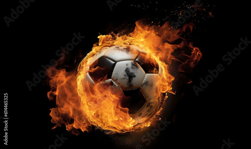 Soccer ball on fire isolated on black background. Generative AI