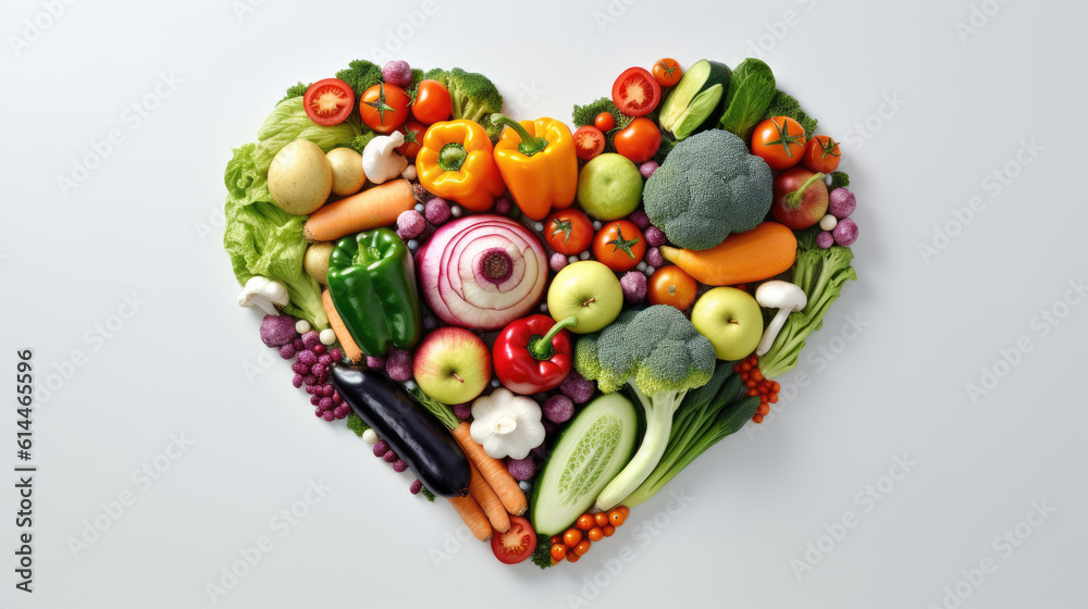 Heart shape made of different vegetables isolated on white background. Heart symbol. Vegetarian diet and healthy organic food concept. AI generated