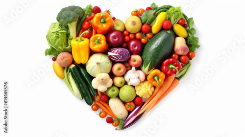 Heart shape made of different vegetables isolated on white background. Heart symbol. Vegetarian diet and healthy organic food concept. AI generated