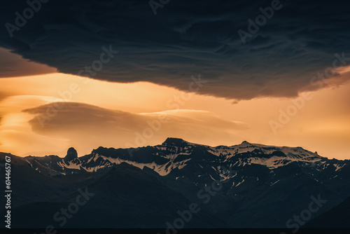Dramatic of colorful sunset sky and Asperitas cloud over Icelandic mountain at Iceland