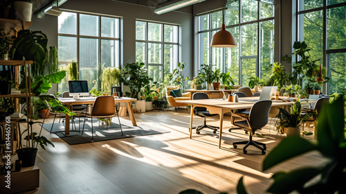 Green, ecofriendly and sustainable workspace of a modern company or office. Generative ai.