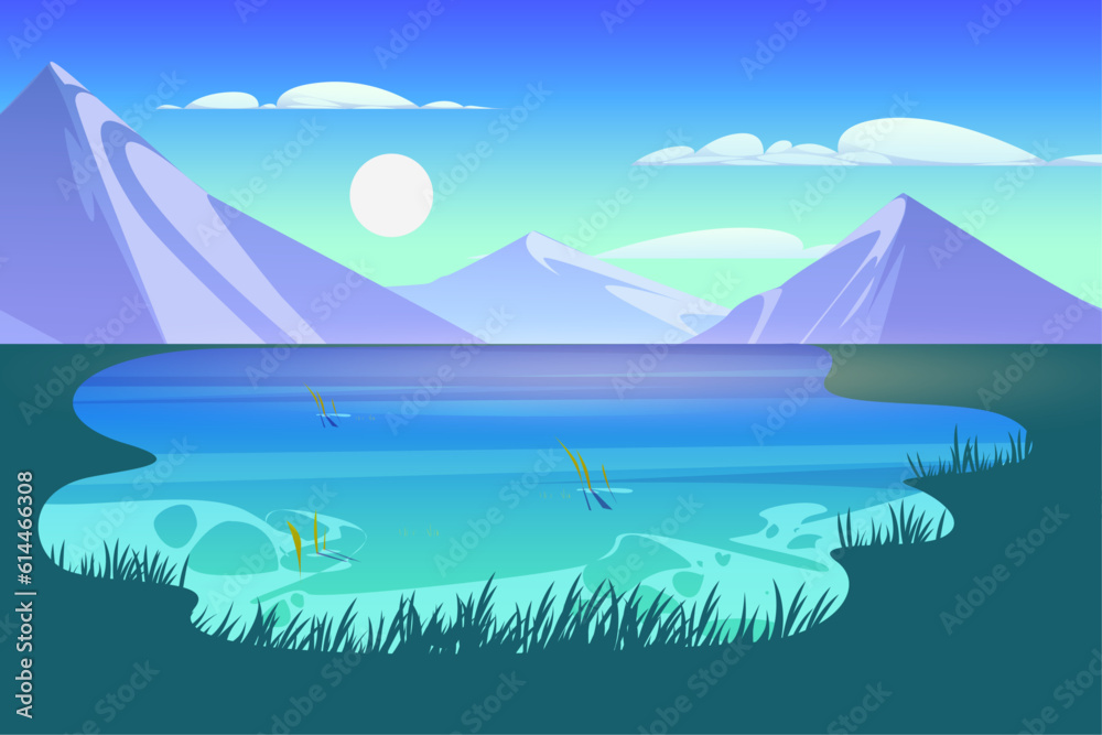flat design lake scenery with mountain landscape