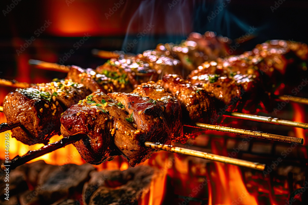 skewer loaded with marinated kebabs grilling over an open flame, ai generative skewer loaded with marinated kebabs grilling over an open flame, ai generative