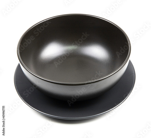 Black ceramic bowl isolated on white background.