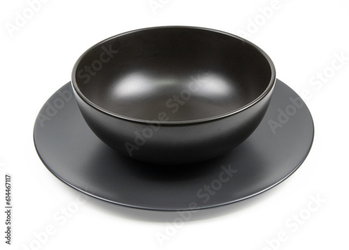Black ceramic bowl isolated on white background.