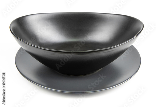 Black ceramic bowl isolated on white background.