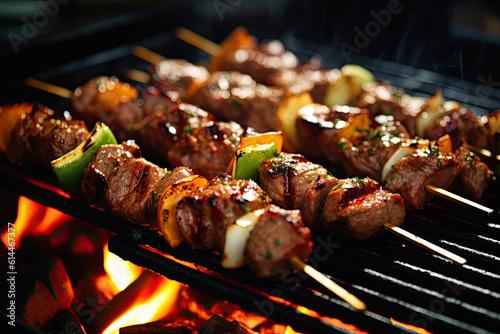 skewer loaded with marinated kebabs grilling over an open flame, ai generative