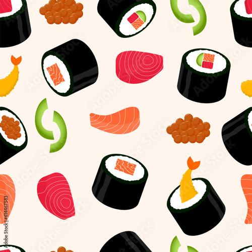 Seamless pattern of sushi roll flat design illustration. Perfect use of food wallpaper or Asian restaurant menu