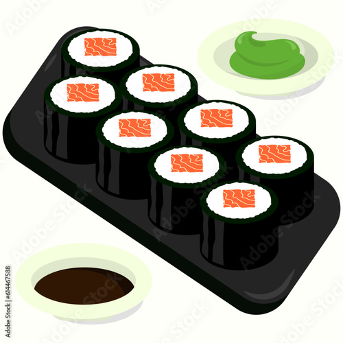 Flat design illustration of salmon sushi roll on a black plate. Perfect use for restaurant menu