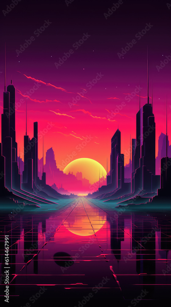 neon art picture of a A digital art of a city with a sunset. Generative AI