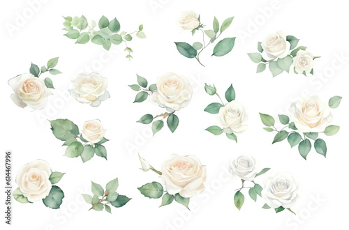 set of white roses watercolor illustration. hand drawn, isolated white background, flower clipart, for bouquets, wreaths, arrangements, wedding invitations, anniversary, birthday, postcards, greetings