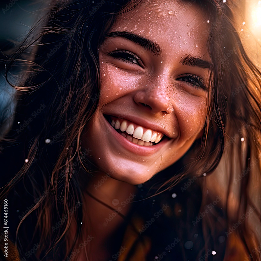 joyful beautiful woman face with a beaming smile, eyes sparkling with happiness, human emotions
