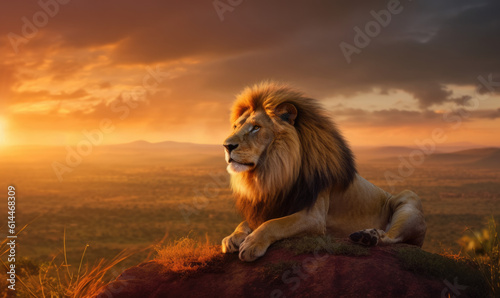Lion king sitting watching over the African savannah 