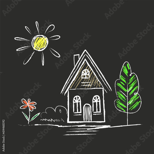 House, Sun, tree, flower - doodle drawings are drawn by child's hand in chalk on the asphalt or on the school blackboard. White lines and color coloring on black background