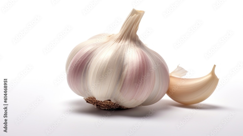 Fresh garlic isolated on white background wide angle lens realistic lighting