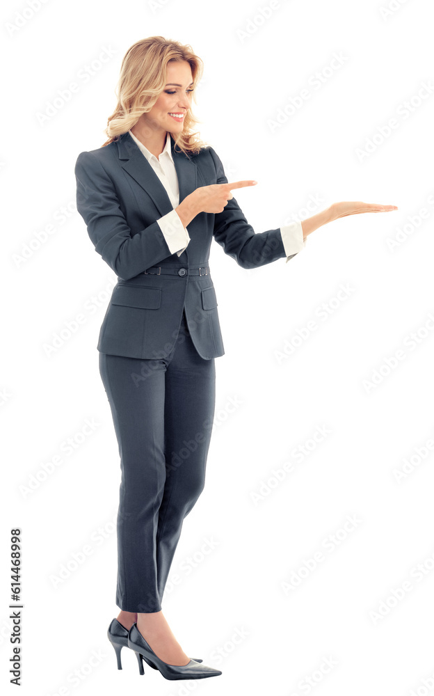Bright photo - happy smiling business woman in black confident suit, showing, advertise, pointing, hold, give, demonstrate some product. Businesswoman promote, isolated against white background. Bright photo - happy smiling business woman in black confident suit, showing, advertise, pointing, hold, give, demonstrate some product. Businesswoman promote, isolated against white background.