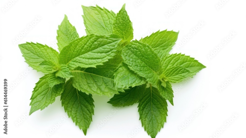 Fresh spearmint leaves isolated on the white background. macro lens realistic lighting Fresh spearmint leaves isolated on the white background. macro lens realistic lighting