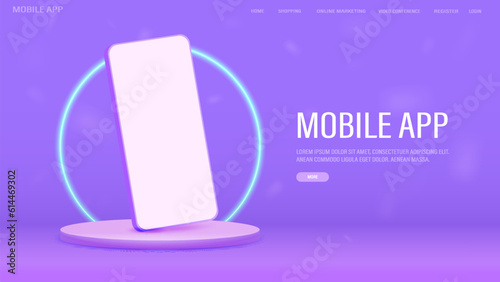 A web banner for a mobile application and online shopping with a mobile phone layout. A smartphone on the podium in purple and pink with a green frame.