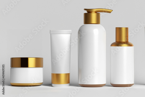 Composition of cosmetic packaging mockups. Gold bottle caps. Skin care product presentation. Elegant mockup. Beauty and spa. Warm shadows, copy space. Generative AI