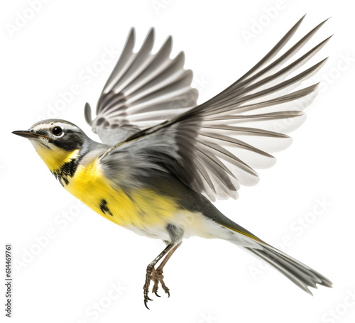 Flying gray wagtail isolated on the transparent background PNG. AI generative. © Monika