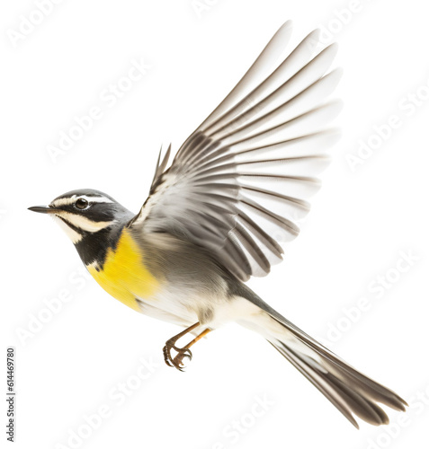 Flying gray wagtail isolated on the transparent background PNG. AI generative.