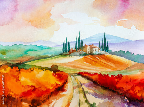 Beautiful landscape with hills, mountains, fields and trees in Tuscany, Italy, hand drawn watercolor