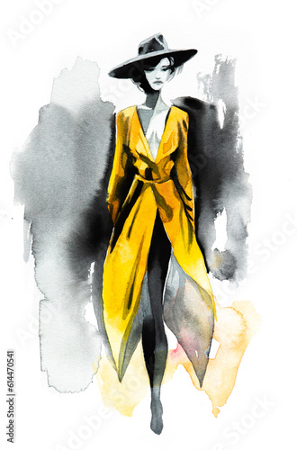 Vászonkép Abstract female fashion model black and yellow portrait, hand drawn watercolor illustration