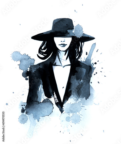 Abstract female fashion model black and white portrait, hand drawn watercolor illustration. Young beautiful woman showcases trendy clothes