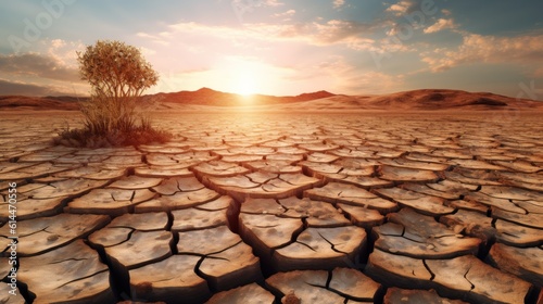  Landscape of dry cracked earth. wide angle lens realistic lighting