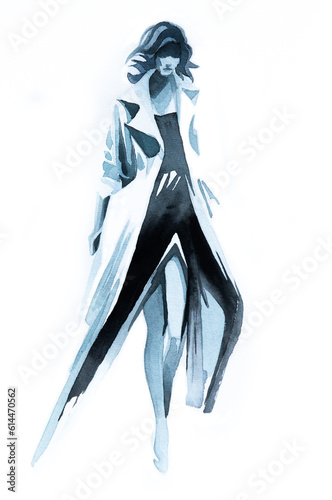 Abstract female fashion model black and white portrait, hand drawn watercolor illustration. Young beautiful woman showcases trendy clothes