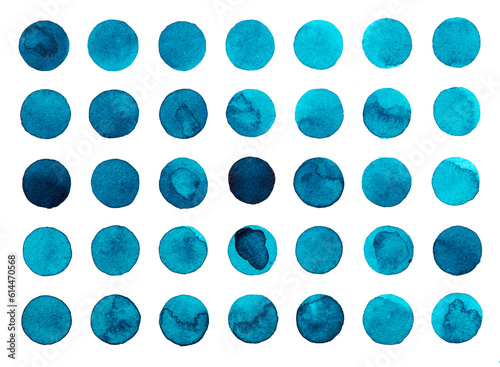 Abstract geometric background of blue circles, hand drawn watercolor illustration