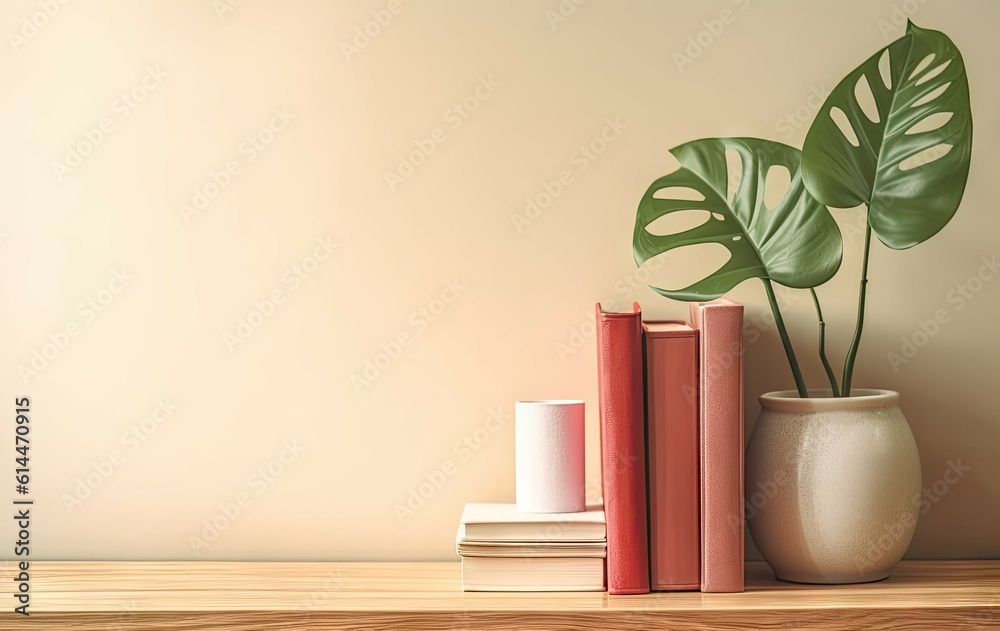 Green Plant in Vase with Books on Bookshelf against White Wall with Copy Space Green Plant in Vase with Books on Bookshelf against White Wall with Copy Space