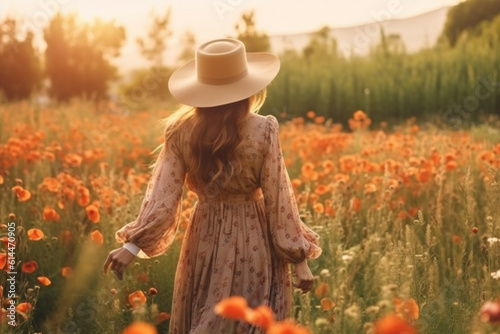 Stylish woman in rustic dress and hat walking in summer meadow among poppy and wildflowers in sunset light. Atmospheric authentic moment.Copy space. Girl in countryside. Rural slow life