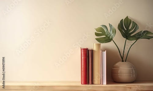 Green Plant in Vase with Books on Bookshelf against White Wall with Copy Space