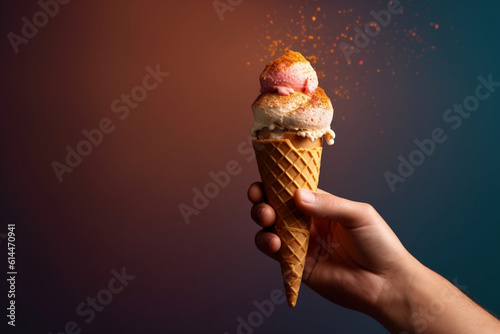 Putting ice cream to the cone, summer concept