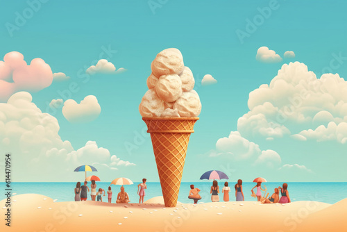 Putting ice cream to the cone, summer concept