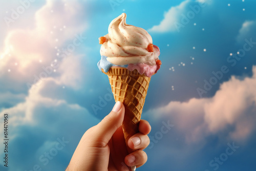 Putting ice cream to the cone, summer concept