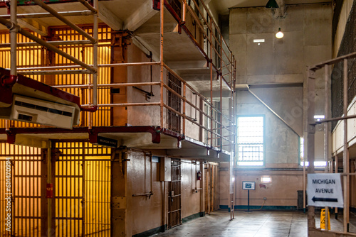 Corridors of the modules and blocks of the maximum security federal prison of Alcatraz located in the middle of the San Francisco bay, in the state of California, USA. Jail concept.