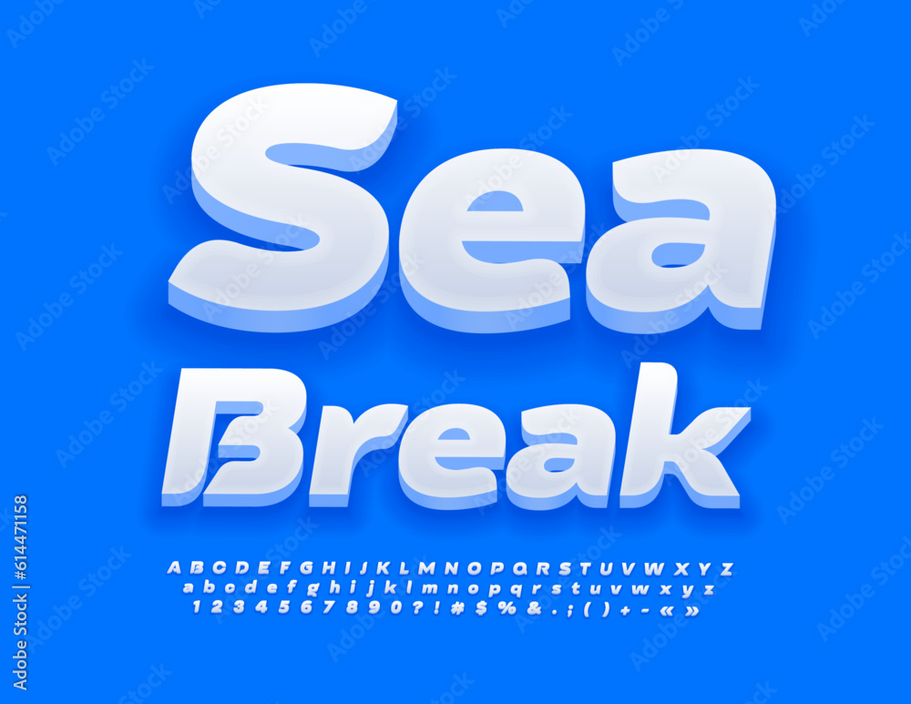 Vector touristic banner Sea Break. White creative Font. 3D modern Alphabet Letters, Numbers and Symbols set