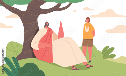 Jesus Character Sits Under Tree, Captivating Child With His Storytelling. His Words Resonate, Teaching Valuable Lessons