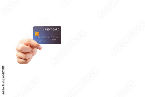 Happy young woman hand showing credit card with over isolated on white background Customer girl get satisfied of credit card service holding credit card