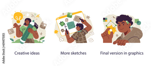 Content creation, creative people, concept of brainstorming or creative thinking. Vector illustration