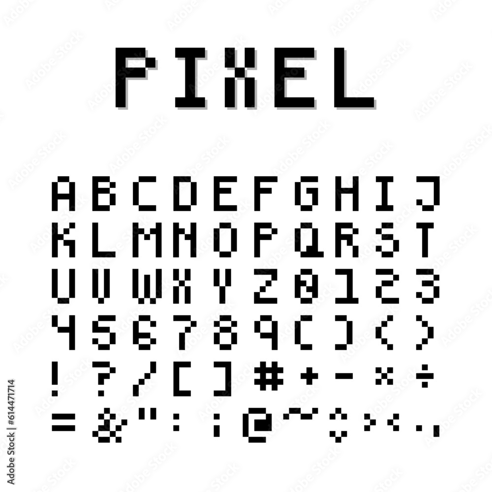 Pixel art, 8-bit style font. Capital Letters with Symbols. Vector for design.