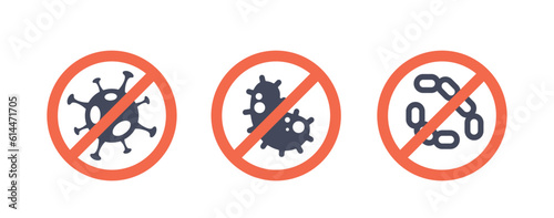 Warning Symbol Red Circle With Crossed Bacteria. Indicates Presence Of Harmful Bacteria Or Contamination, Vector Icons