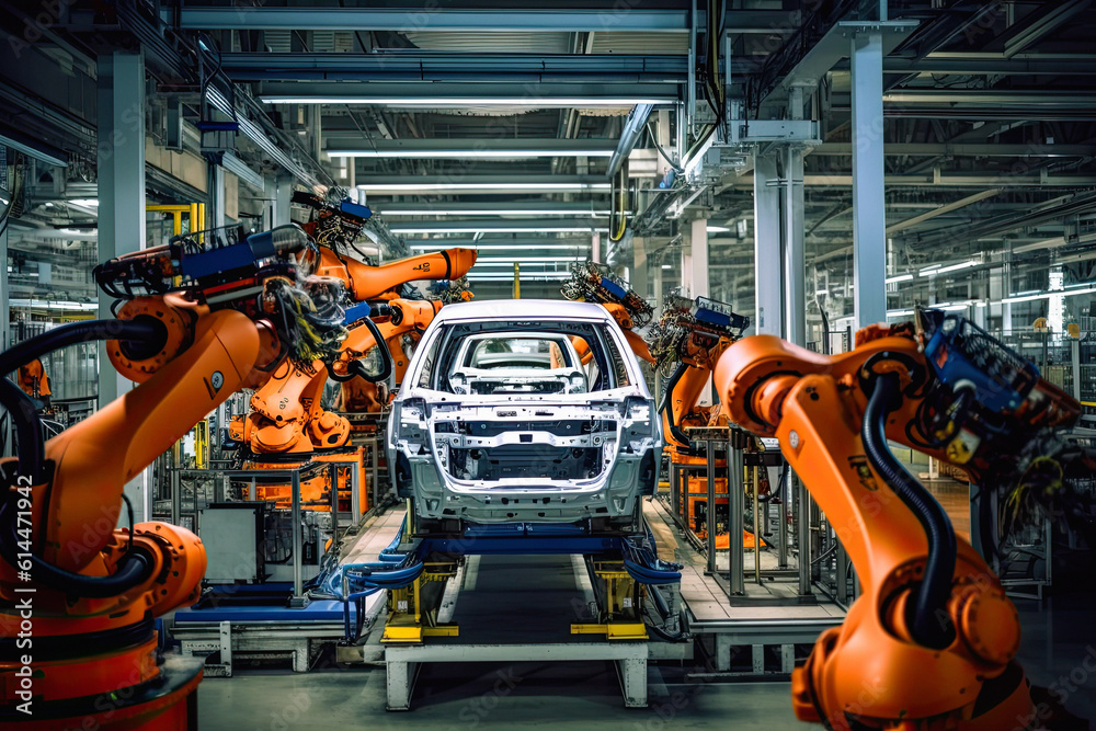 state-of-the-art assembly line in a car factory, AI generative state-of-the-art assembly line in a car factory, AI generative