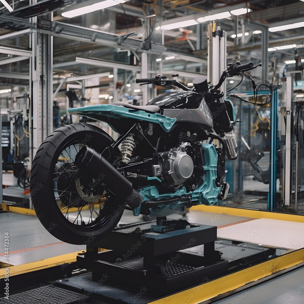 motorcycle factory, assembly line of motorcycles. Generative AI motorcycle factory, assembly line of motorcycles. Generative AI